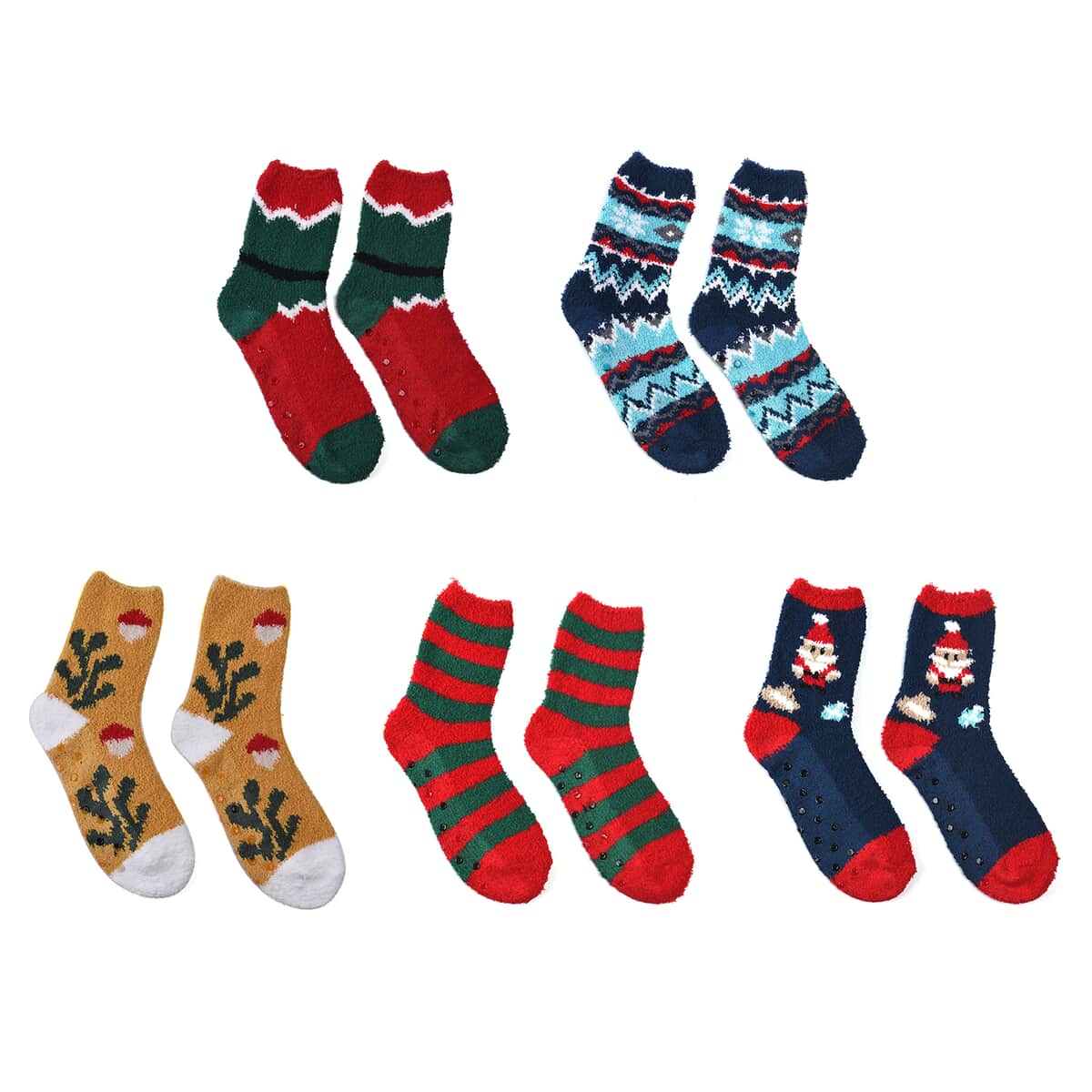 Set of 5 Pair Santa Claus, Stripe and Intricate Pattern Jacquard Super Soft & Warm Plush Non-Slip Socks image number 0