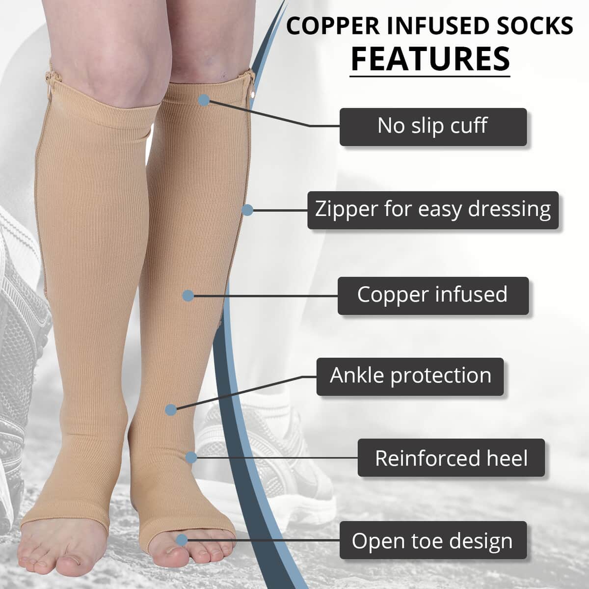 Set of 2 Pairs Brown Zipper Copper Compression Socks with Open Toe (S/M)-15-20mmHg image number 1