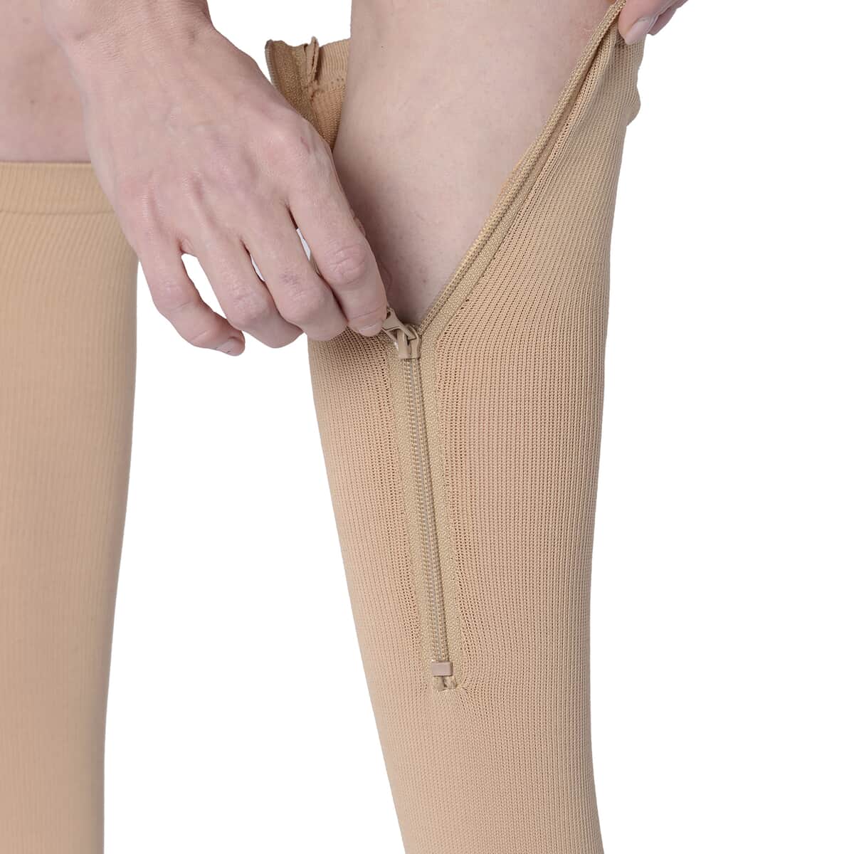 Set of 2 Pairs Brown Zipper Copper Compression Socks with Open Toe (L/XL)-15-20mmHg image number 3