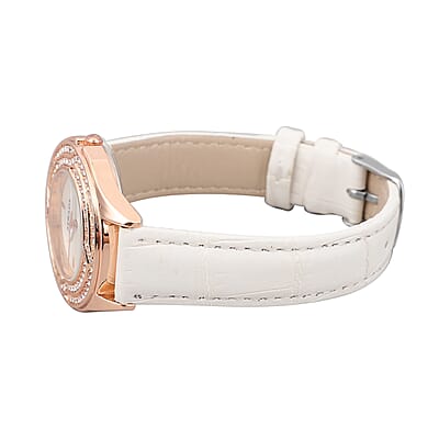 Strada Austrian Crystal Japanese Movement Watch with White Faux Leather Strap and Stainless Steel Back