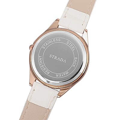 Strada Austrian Crystal Japanese Movement Watch with White Faux Leather Strap and Stainless Steel Back