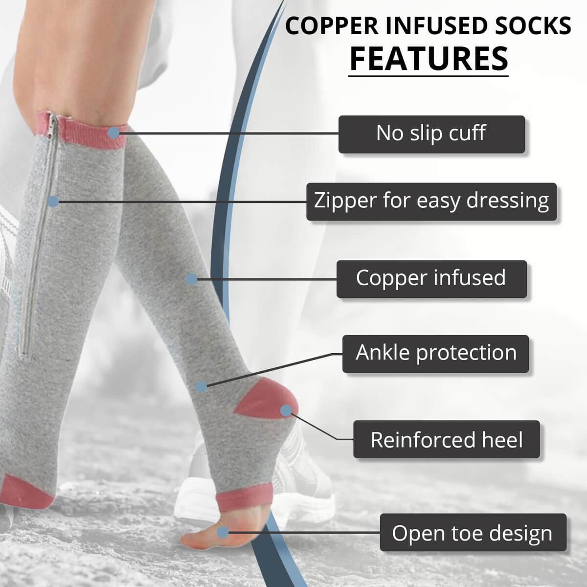 Set of 2 Pairs Gray Zipper Copper Compression Socks with Open Toe (S/M)-15-20mmHg image number 1