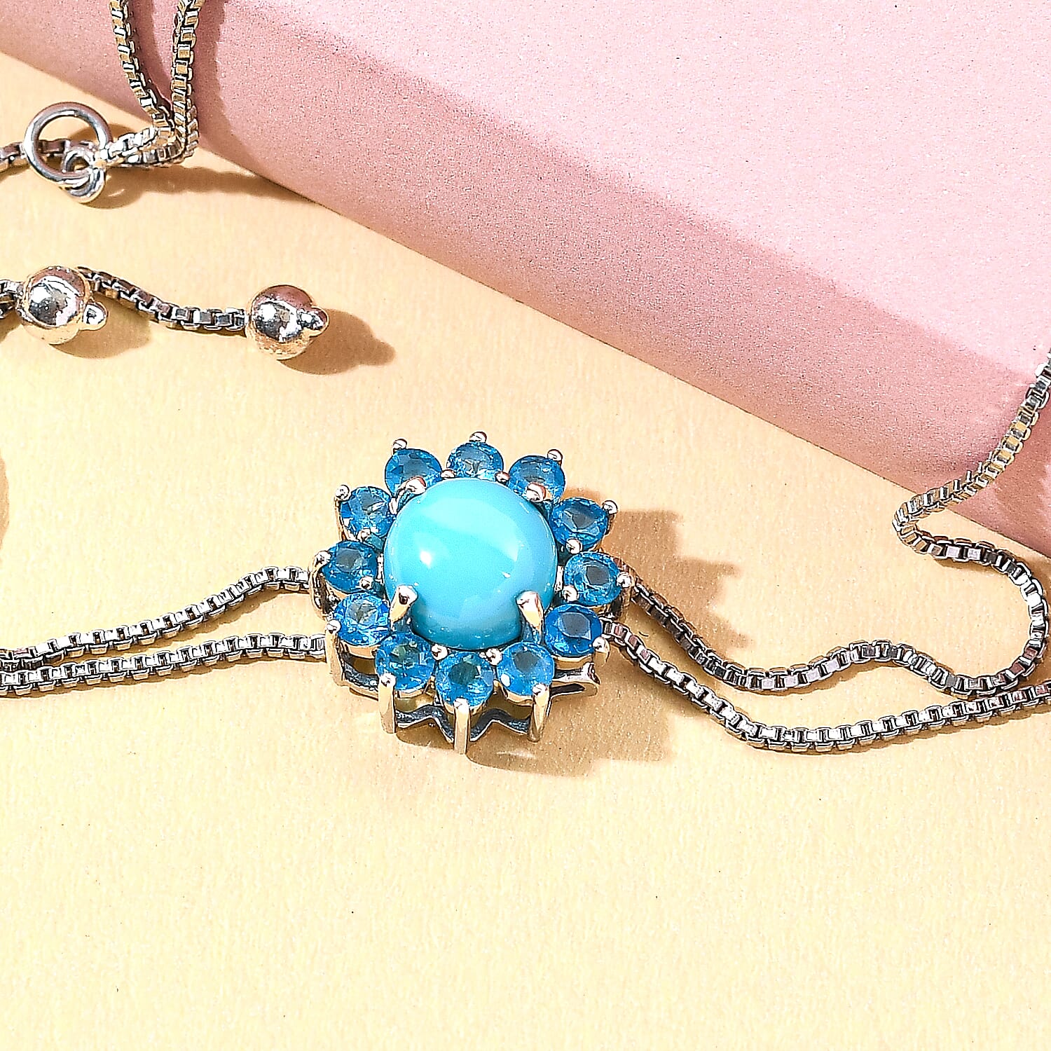 Sleeping Beauty Turquoise and Malgache Neon Apatite Cocktail Necklace 20 Inches in Platinum Over Sterling Silver 3.90 ctw