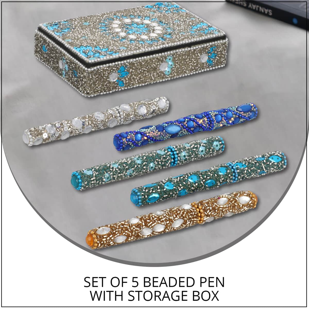 Set of 5multi color Beaded Pen with Matching Storage Box (5.5x2x1 in) image number 1