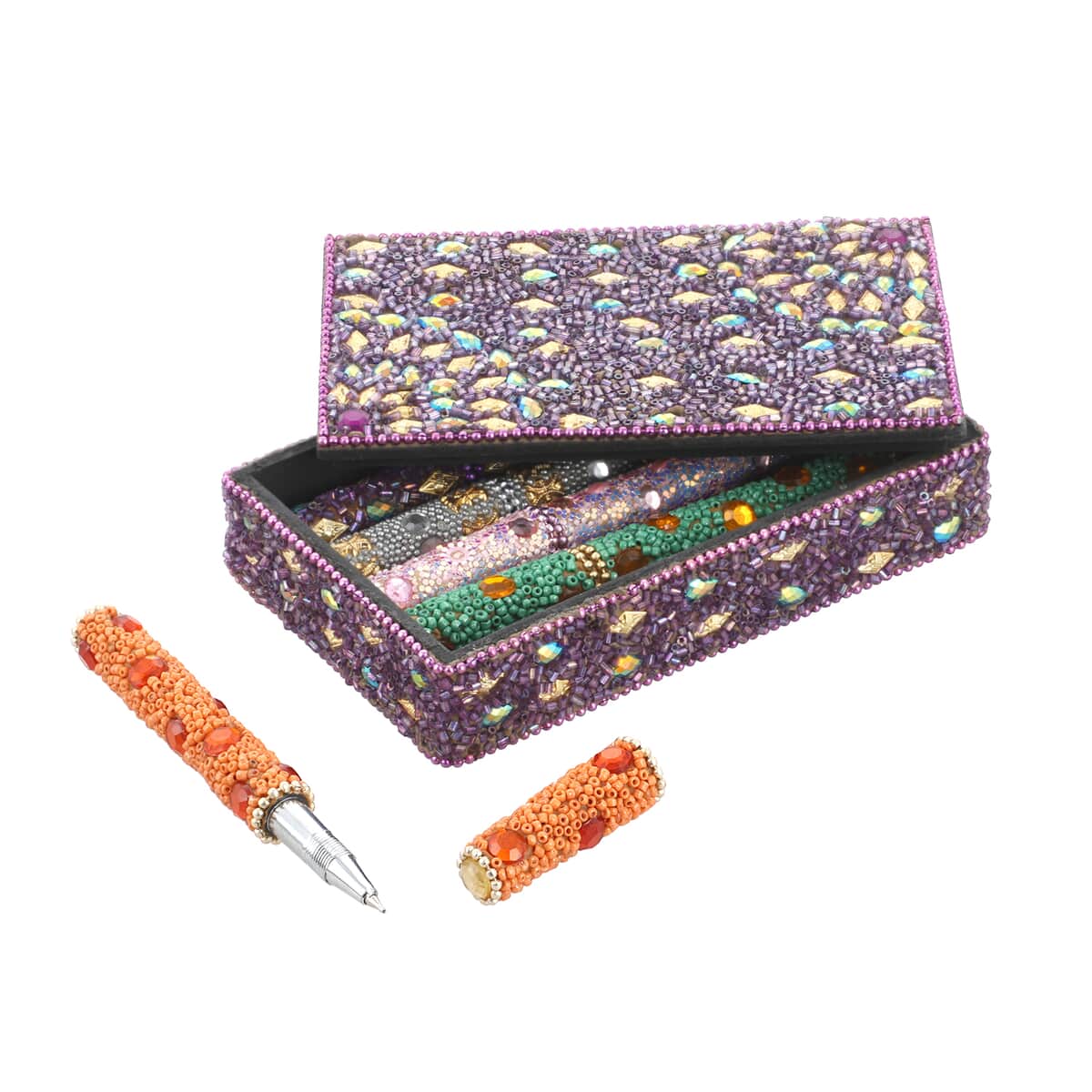 Set of 5 Multi Color Beaded Pen with Matching Storage Box image number 0