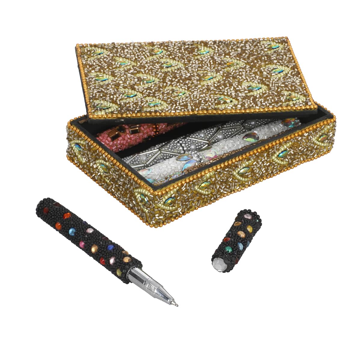 Set of 5 Multi Color Beaded Pen with Matching Storage Box image number 0