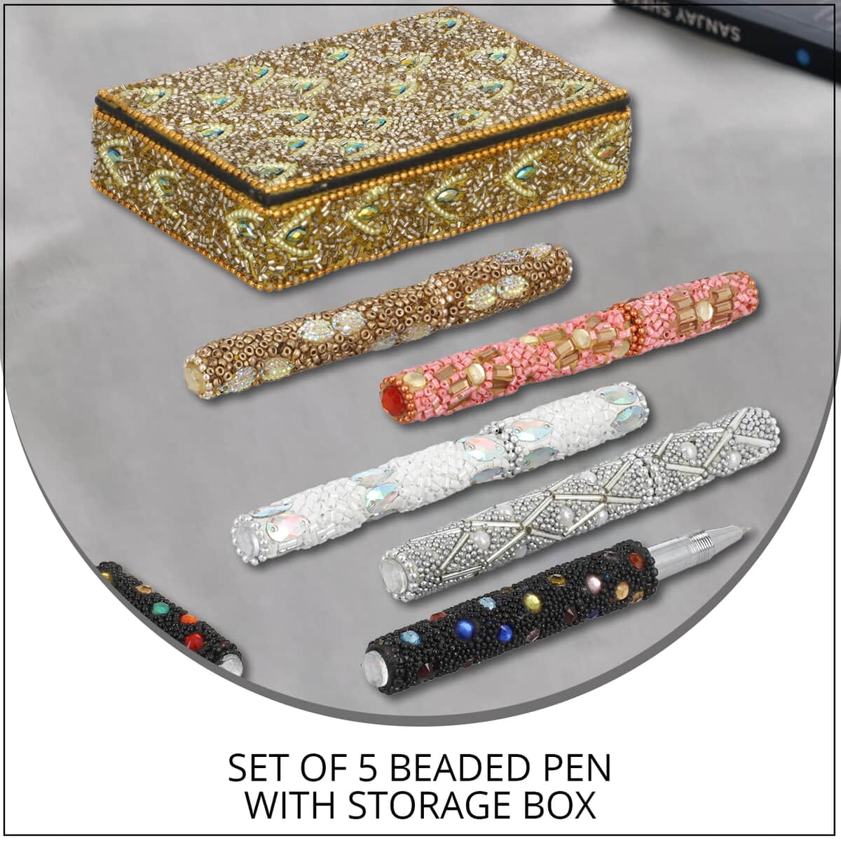 Set of 5 Multi Color Beaded Pen with Matching Storage Box image number 1