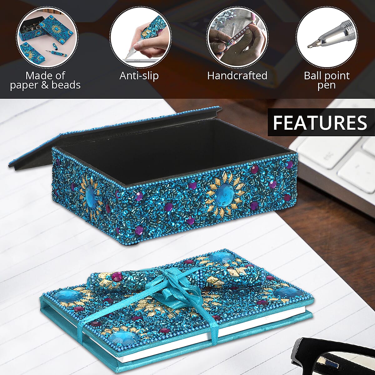 Blue Beaded Box with Paper Diary & Pen (6.5""x4.5") image number 2