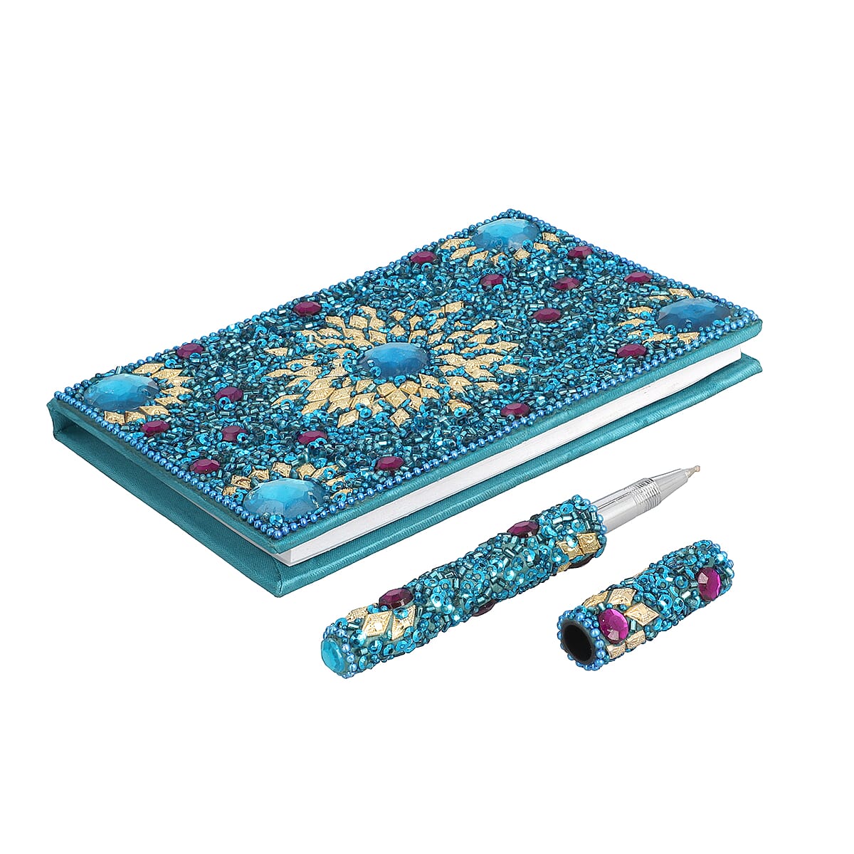 Blue Beaded Box with Paper Diary & Pen (6.5""x4.5") image number 4