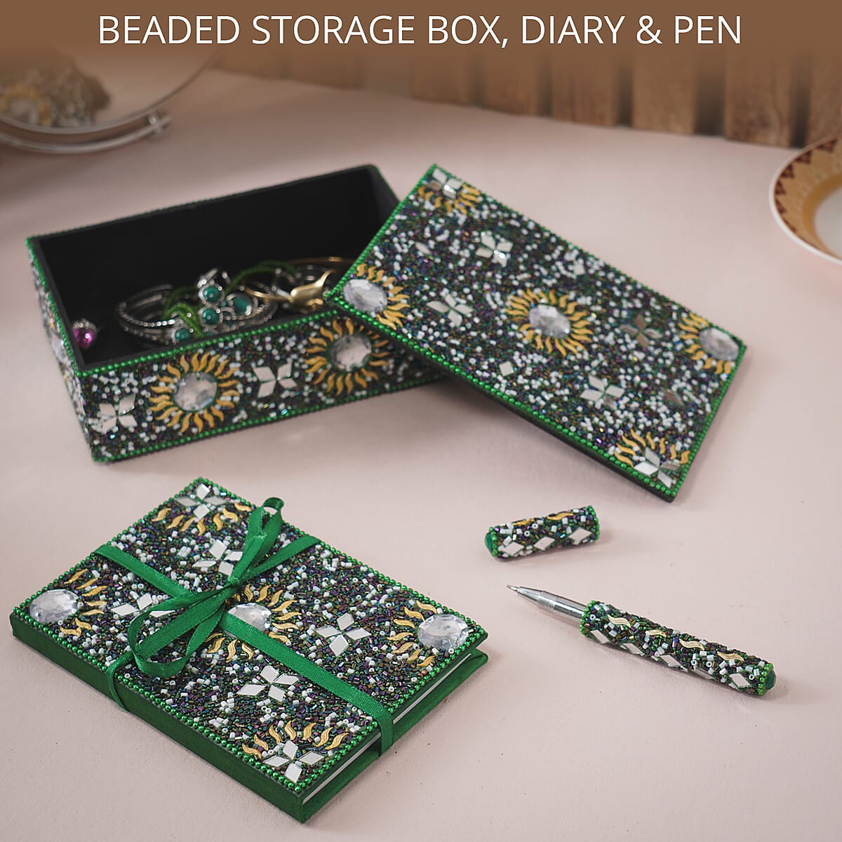 Green Beaded Box with Paper Diary & Pen image number 1