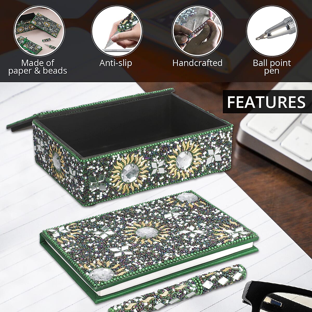 Green Beaded Box with Paper Diary & Pen image number 2