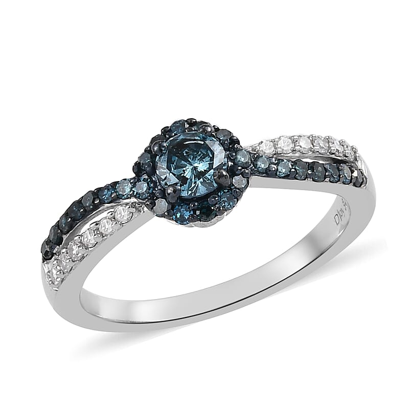 Venice Blue Diamond I1-I2 and White Diamond Ring in Sterling Silver (Size 8.0) 0.50 ctw