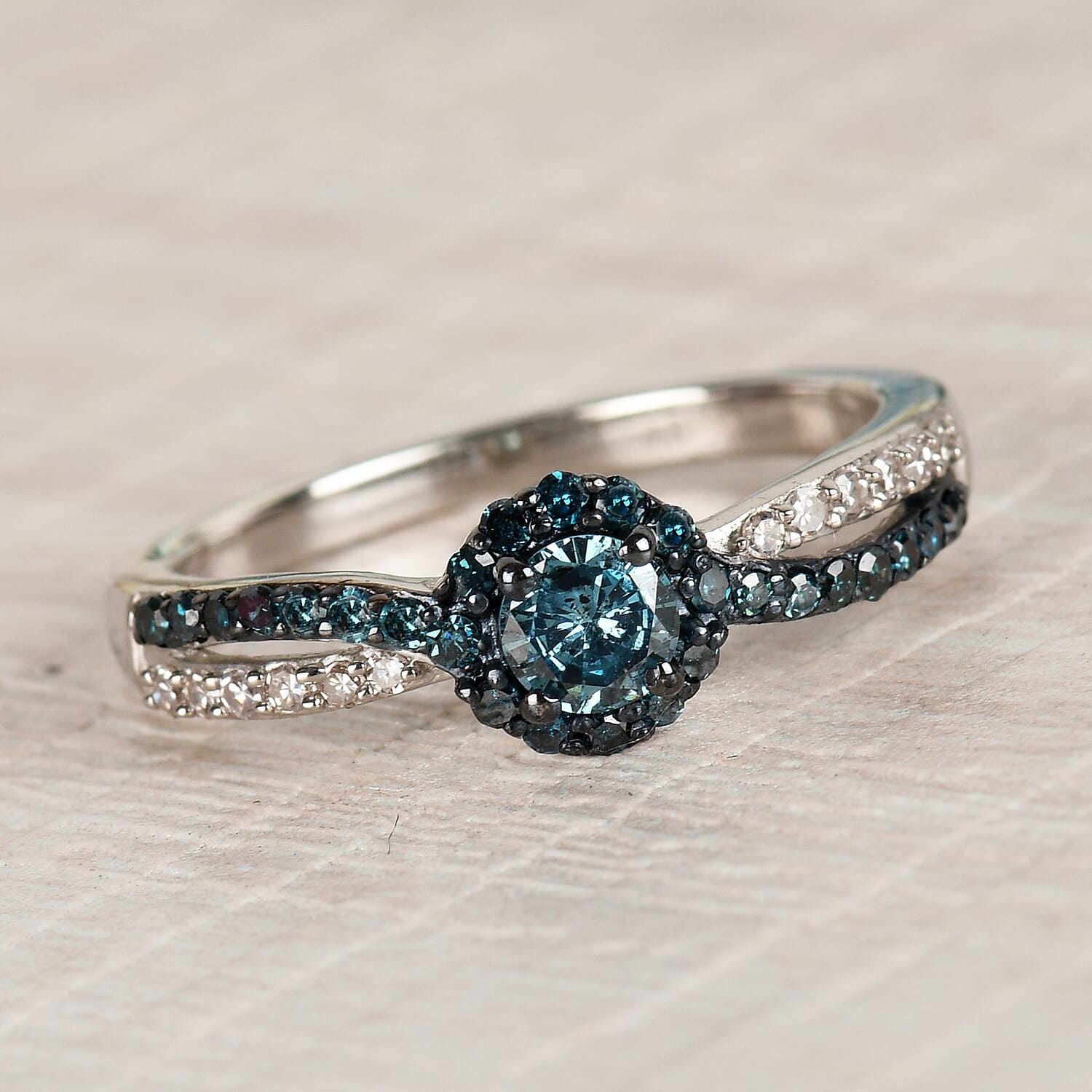 Venice Blue Diamond I1-I2 and White Diamond Ring in Sterling Silver (Size 8.0) 0.50 ctw