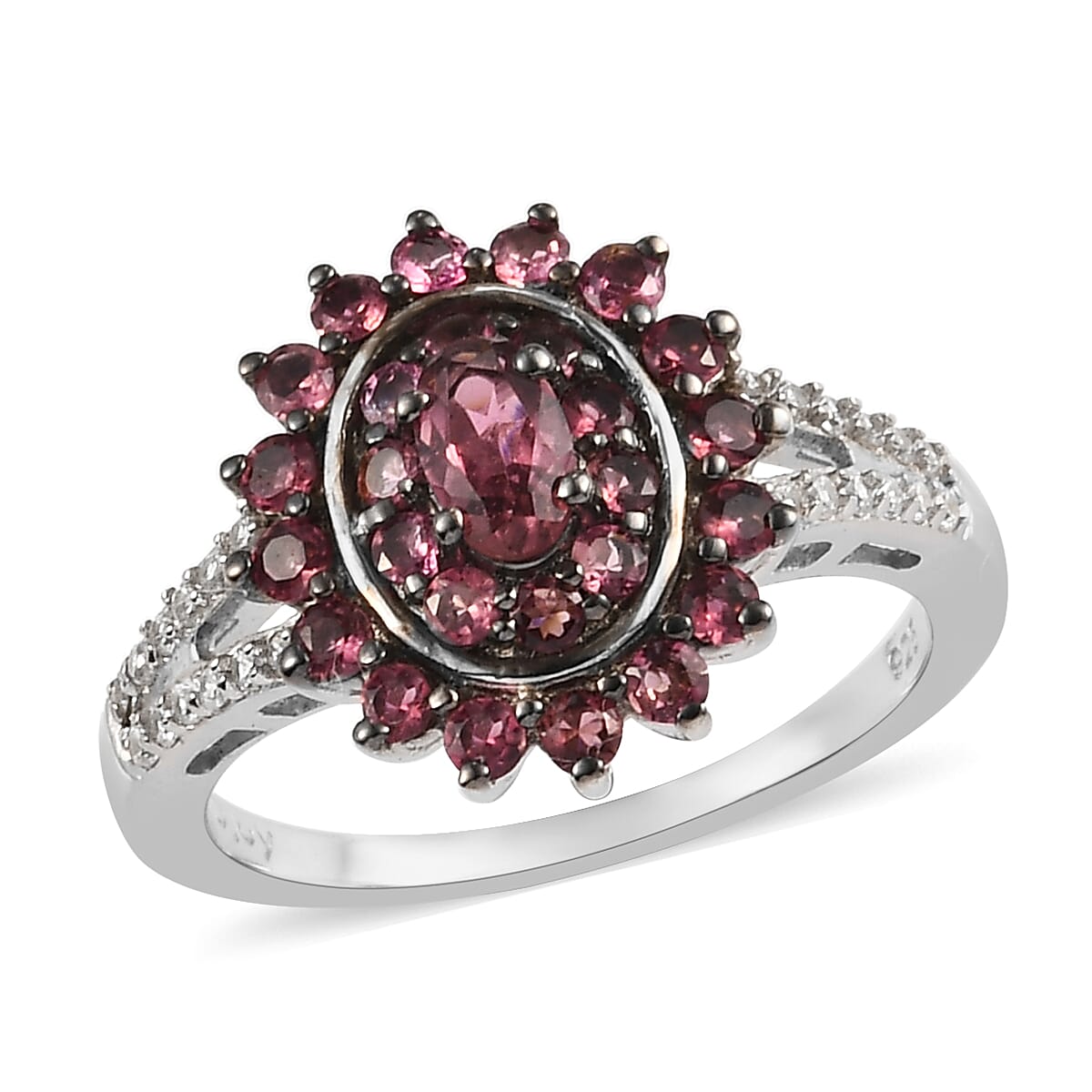 Premium Ouro Fino Rubellite and Natural White Zircon Cocktail Ring in Platinum Over Sterling Silver (Size 5.0) 0.90 ctw