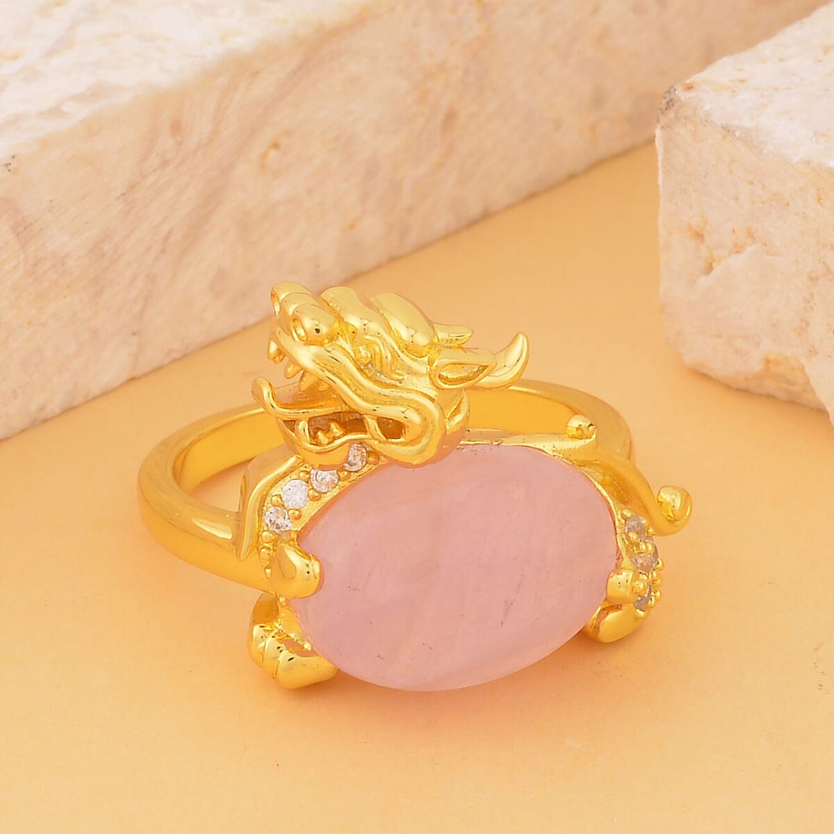 Kunzite and Simulated Diamond Pixiu Ring in Goldtone 6.10 ctw image number 1