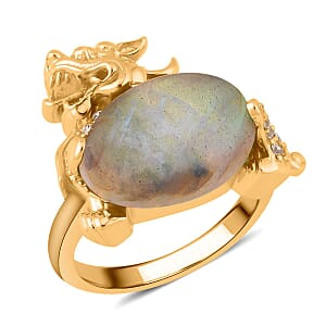 Malagasy Labradorite and Simulated Diamond Pixiu Ring in Goldtone (Size 9.0) 6.10 ctw