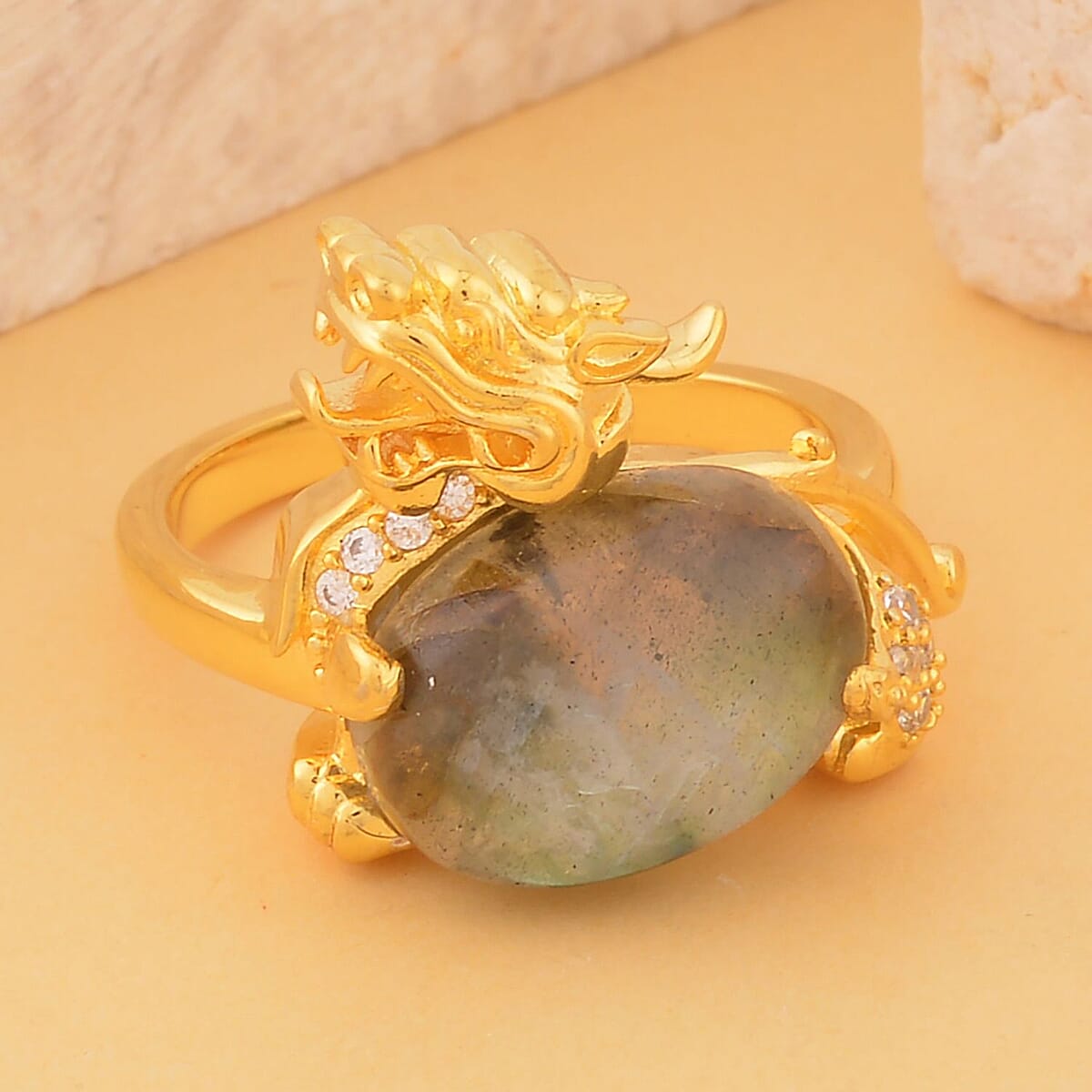 Malagasy Labradorite and Simulated Diamond Pixiu Ring in Goldtone (Size 9.0) 6.10 ctw image number 1