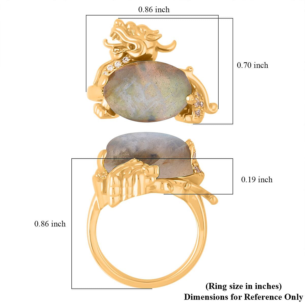 Malagasy Labradorite and Simulated Diamond Pixiu Ring in Goldtone (Size 9.0) 6.10 ctw image number 5