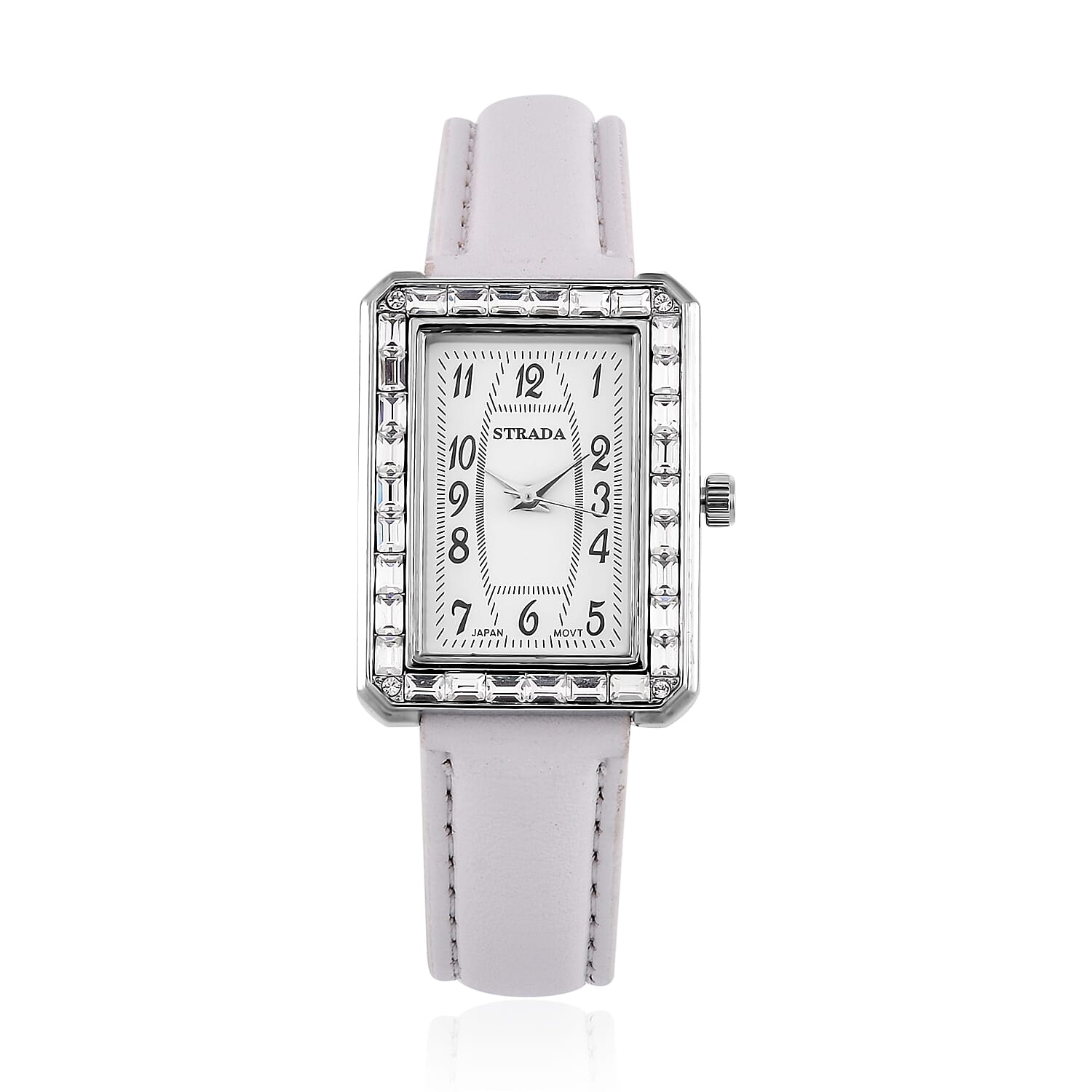 Strada Japanese Movement White Austrian Crystal Watch in Silvertone with White Faux Leather Strap (6.25-7.75 Inches) (25.4x33mm)