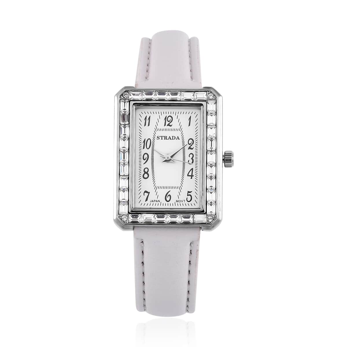 Strada Japanese Movement White Austrian Crystal Watch in Silvertone with White Faux Leather Strap (6.25-7.75 Inches) (25.4x33mm) image number 0