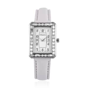 Strada Japanese Movement White Austrian Crystal Watch in Silvertone with White Faux Leather Strap (6.25-7.75 Inches) (25.4x33mm)