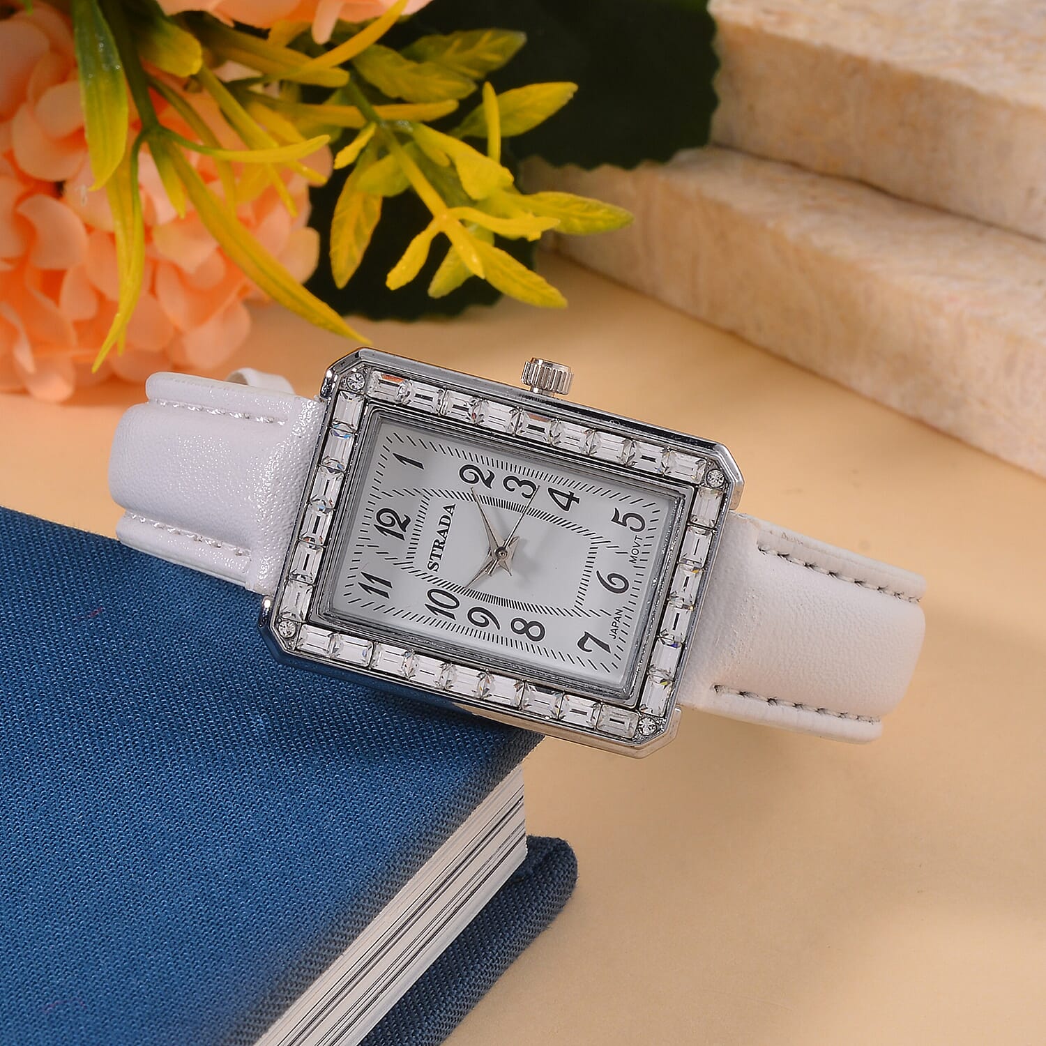 Strada Japanese Movement White Austrian Crystal Watch in Silvertone with White Faux Leather Strap (6.25-7.75 Inches) (25.4x33mm)