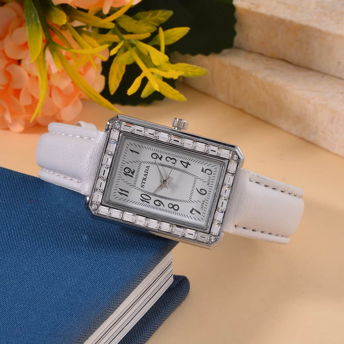 Strada Japanese Movement White Austrian Crystal Watch in Silvertone with White Faux Leather Strap (6.25-7.75 Inches) (25.4x33mm) image number 1