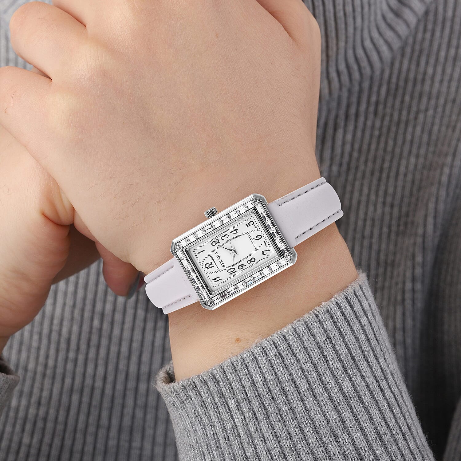 Strada Japanese Movement White Austrian Crystal Watch in Silvertone with White Faux Leather Strap (6.25-7.75 Inches) (25.4x33mm)