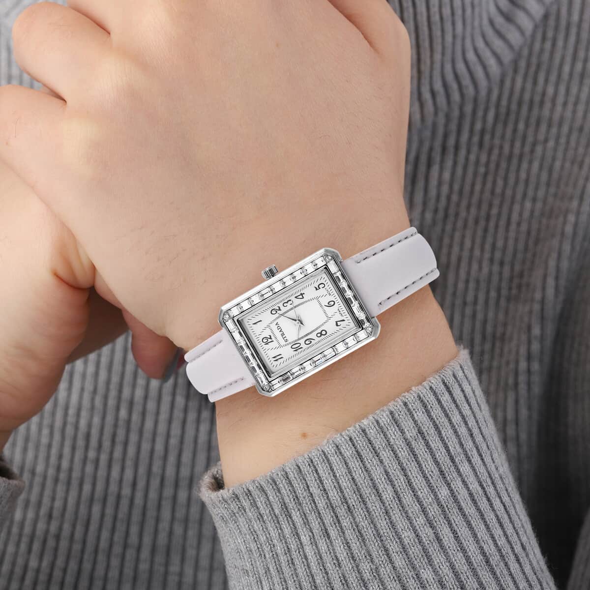 Strada Japanese Movement White Austrian Crystal Watch in Silvertone with White Faux Leather Strap (6.25-7.75 Inches) (25.4x33mm) image number 2