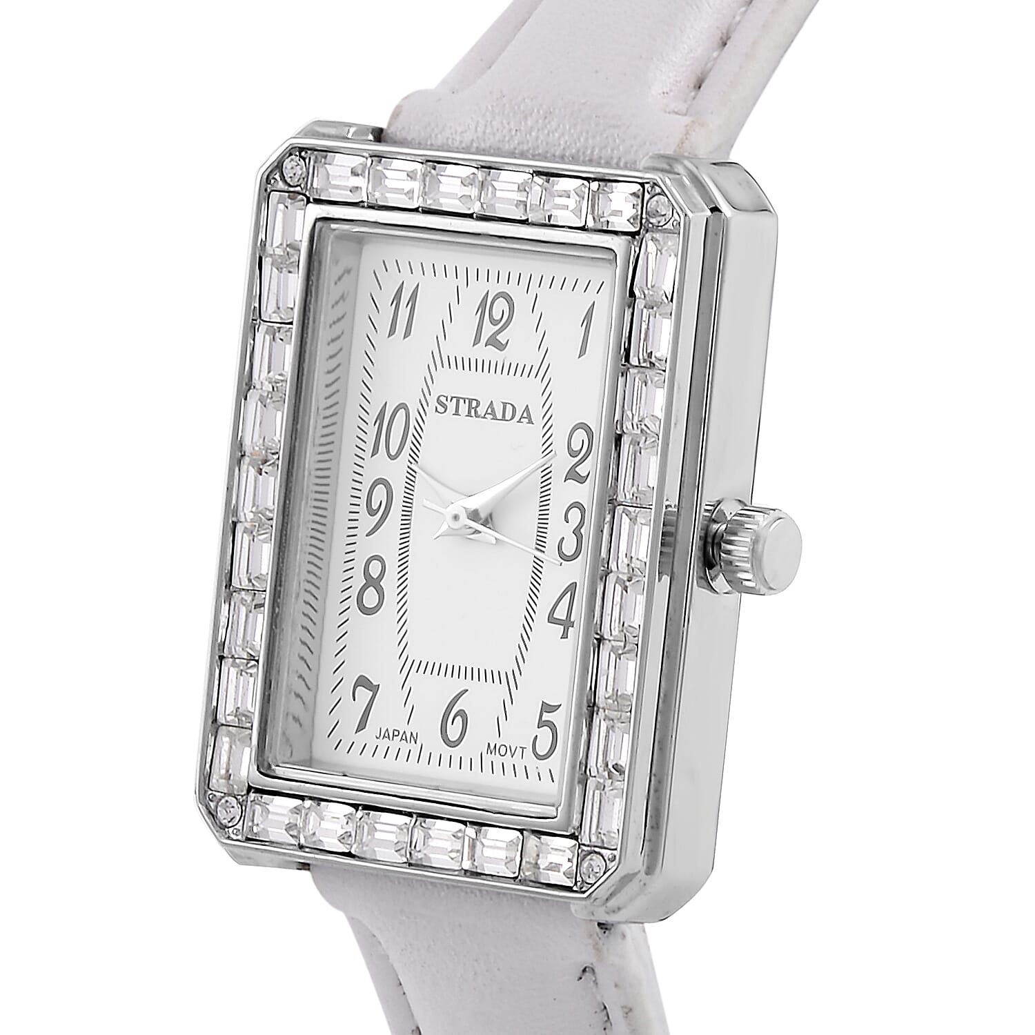 Strada Japanese Movement White Austrian Crystal Watch in Silvertone with White Faux Leather Strap (6.25-7.75 Inches) (25.4x33mm)