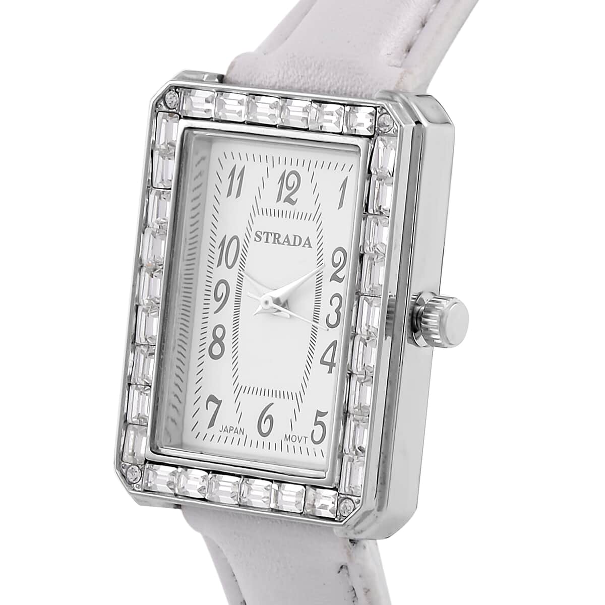 Strada Japanese Movement White Austrian Crystal Watch in Silvertone with White Faux Leather Strap (6.25-7.75 Inches) (25.4x33mm) image number 3