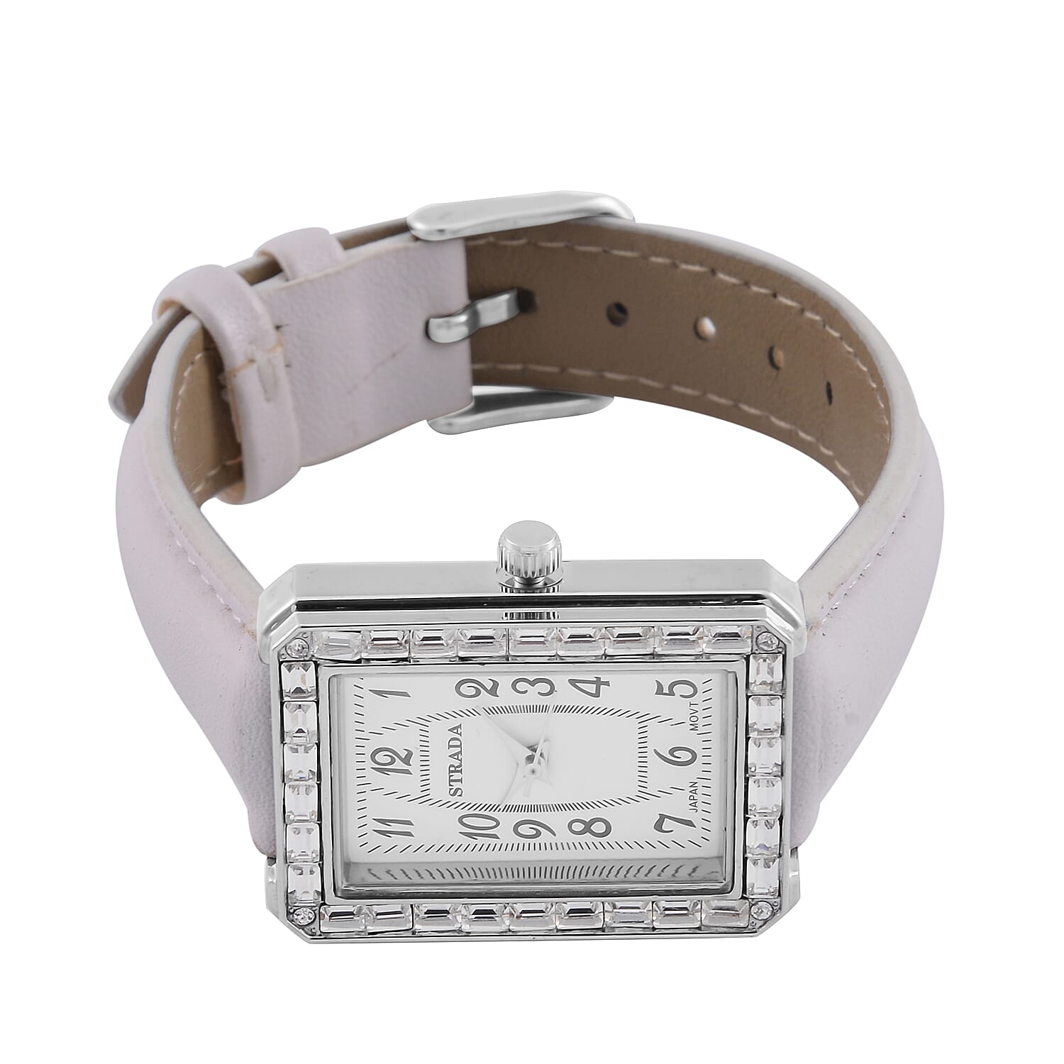 Strada Japanese Movement White Austrian Crystal Watch in Silvertone with White Faux Leather Strap (6.25-7.75 Inches) (25.4x33mm)