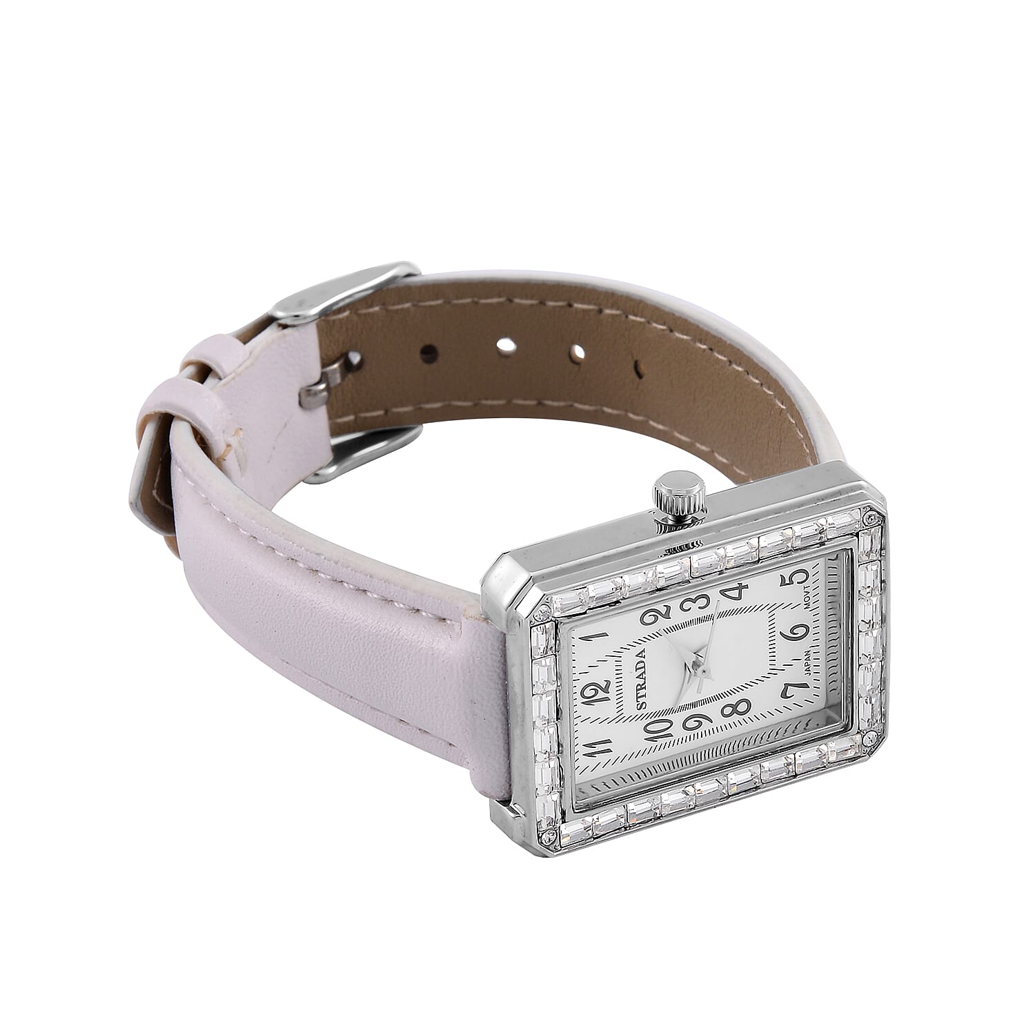 Strada Japanese Movement White Austrian Crystal Watch in Silvertone with White Faux Leather Strap (6.25-7.75 Inches) (25.4x33mm)