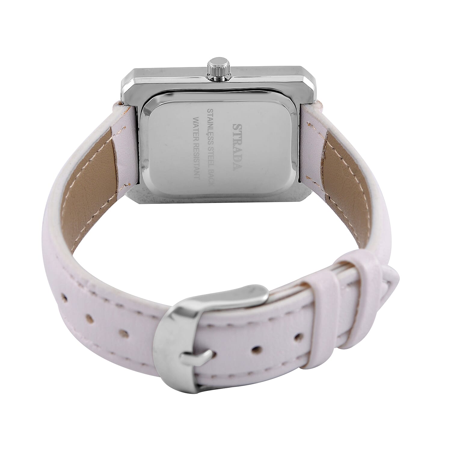 Strada Japanese Movement White Austrian Crystal Watch in Silvertone with White Faux Leather Strap (6.25-7.75 Inches) (25.4x33mm)