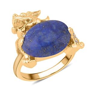 Lapis Lazuli and Simulated Diamond Pixiu Ring in Goldtone (Size 9.0) 6.10 ctw