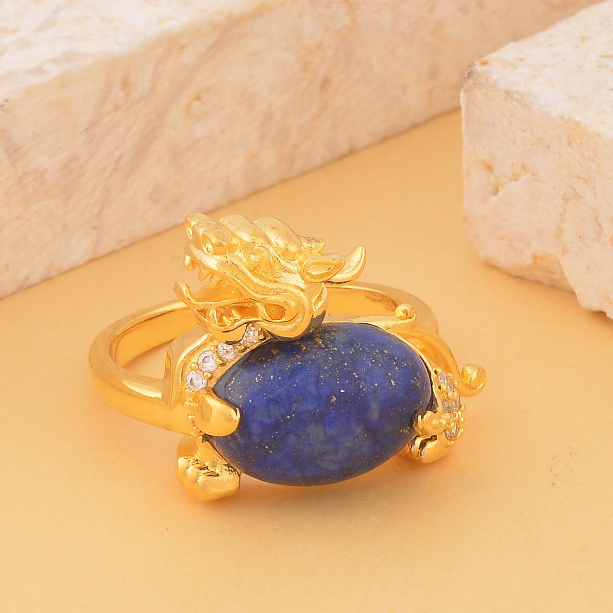 Lapis Lazuli and Simulated Diamond Pixiu Ring in Goldtone (Size 9.0) 6.10 ctw image number 1
