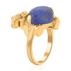 Lapis Lazuli and Simulated Diamond Pixiu Ring in Goldtone (Size 9.0) 6.10 ctw