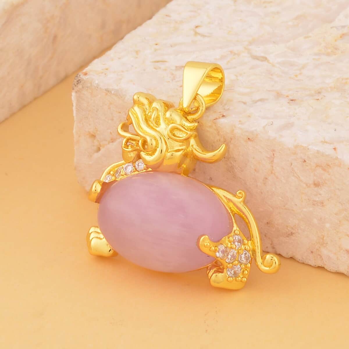 Kunzite and Simulated Diamond Pixiu Pendant in Goldtone 6.10 ctw image number 1