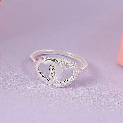 Diamond Accent Double Heart Link Ring in Sterling Silver (Size 10.0)