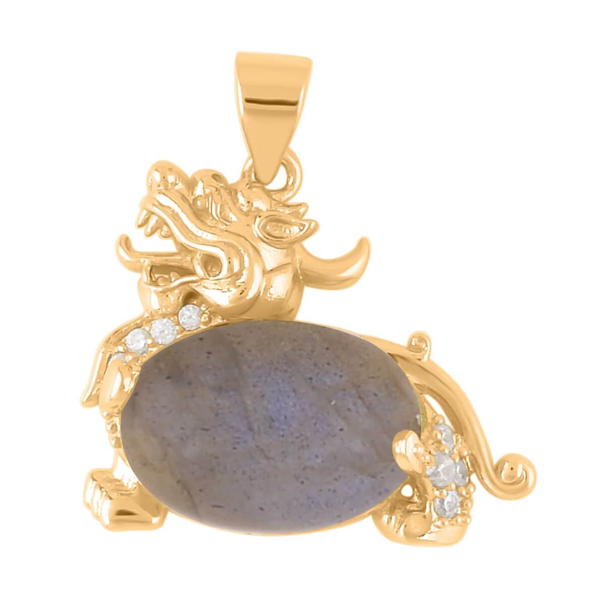 Malagasy Labradorite and Simulated Diamond Pixiu Pendant in Goldtone 6.10 ctw image number 0