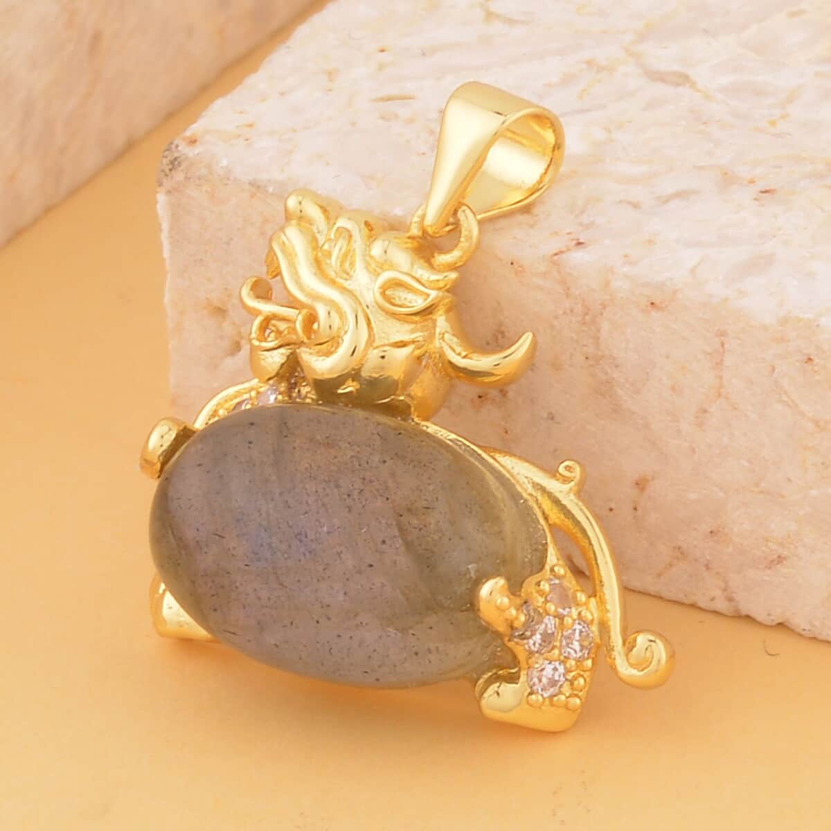 Malagasy Labradorite and Simulated Diamond Pixiu Pendant in Goldtone 6.10 ctw image number 1