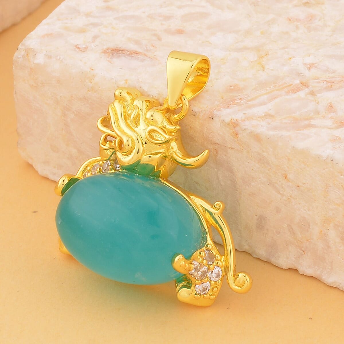 Amazonite and Simulated Diamond Pixiu Pendant in Goldtone 6.10 ctw image number 1