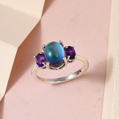 Aurora Moonstone (D) and Lusaka Amethyst 3 Stone Ring in Platinum Over Sterling Silver (Size 10.0) 2.50 ctw