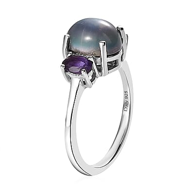 Aurora Moonstone (D) and Lusaka Amethyst 3 Stone Ring in Platinum Over Sterling Silver (Size 10.0) 2.50 ctw