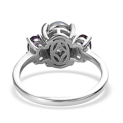 Aurora Moonstone (D) and Lusaka Amethyst 3 Stone Ring in Platinum Over Sterling Silver (Size 10.0) 2.50 ctw