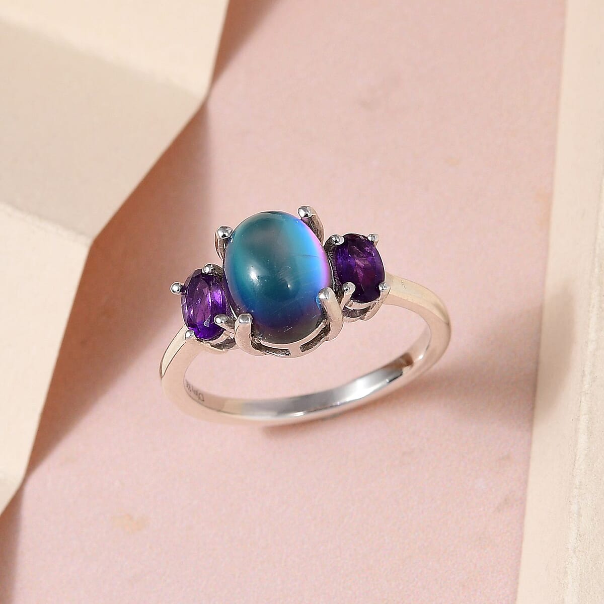 Aurora Moonstone (D) and Lusaka Amethyst 3 Stone Ring in Platinum Over Sterling Silver (Size 8.0) 2.50 ctw image number 1