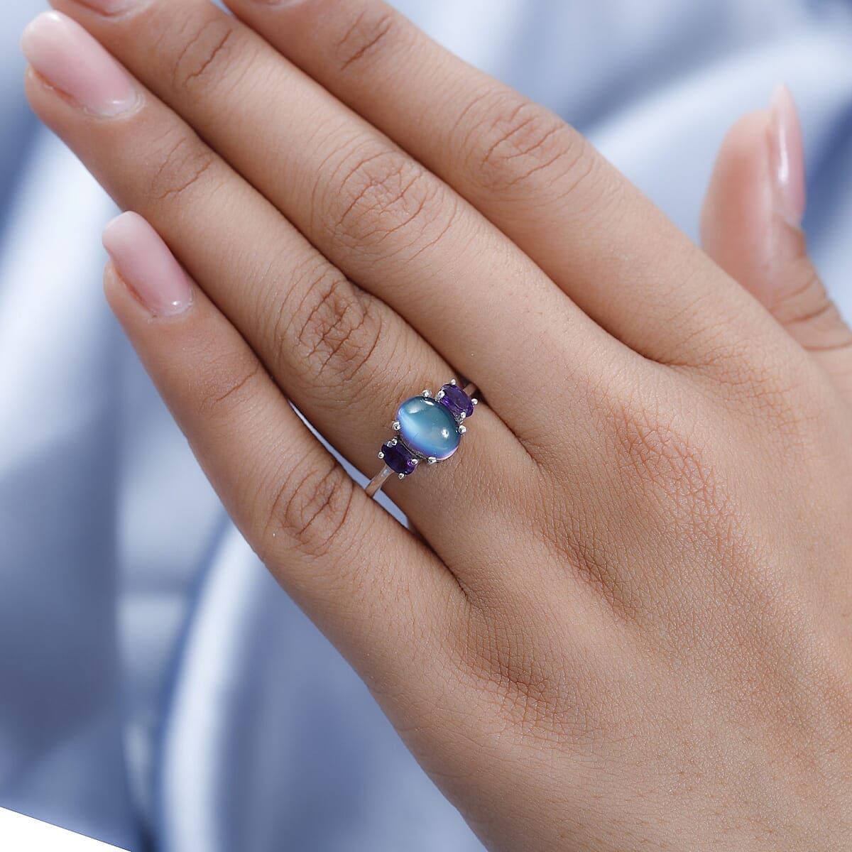 Aurora Moonstone (D) and Lusaka Amethyst 3 Stone Ring in Platinum Over Sterling Silver (Size 8.0) 2.50 ctw image number 2