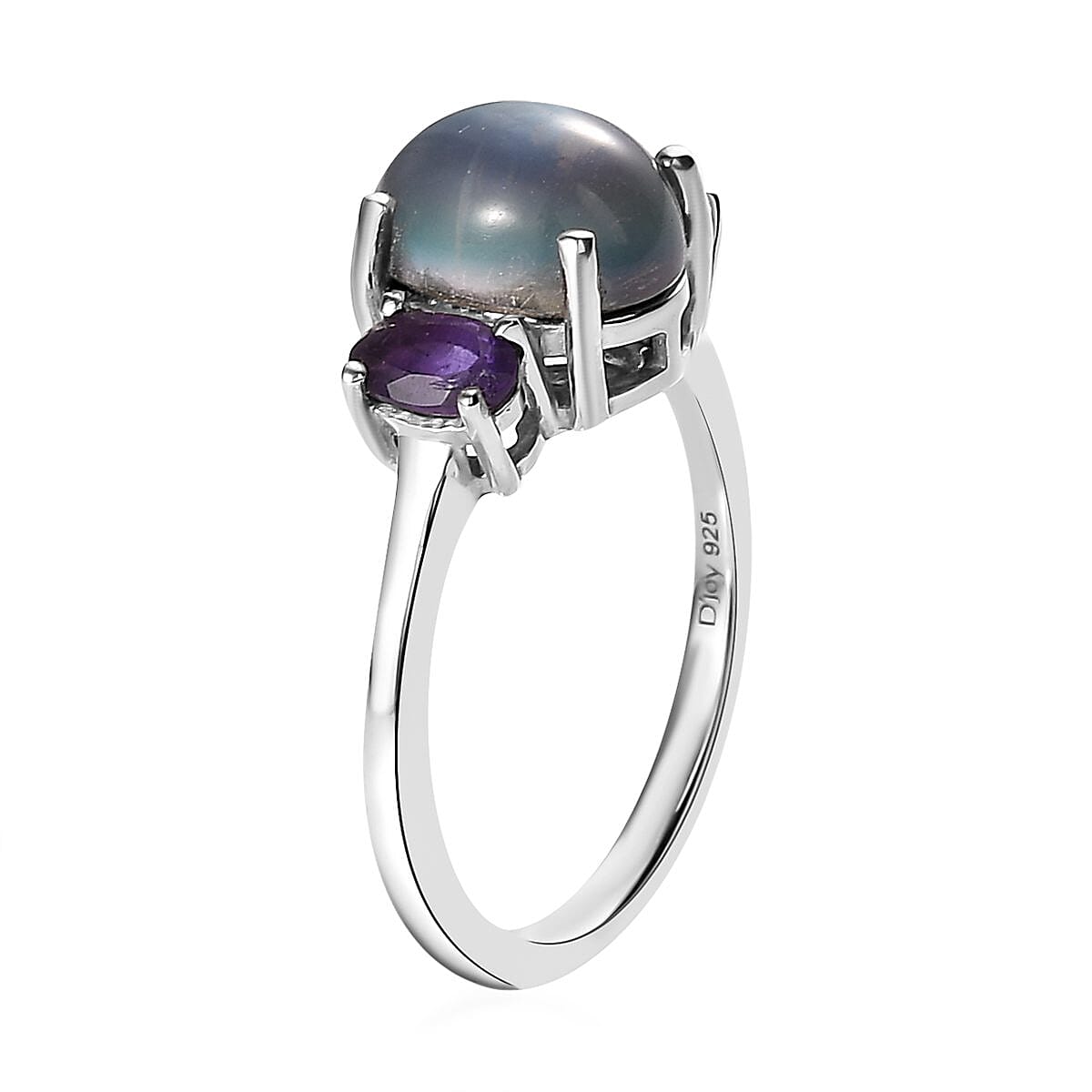 Aurora Moonstone (D) and Lusaka Amethyst 3 Stone Ring in Platinum Over Sterling Silver (Size 8.0) 2.50 ctw image number 3