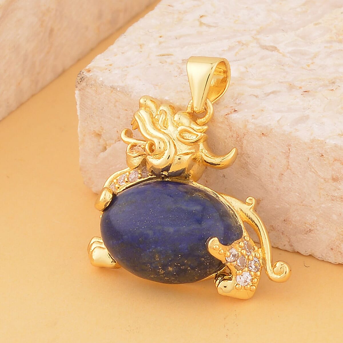 Lapis Lazuli and Simulated Diamond Pixiu Pendant in Goldtone 6.10 ctw image number 1