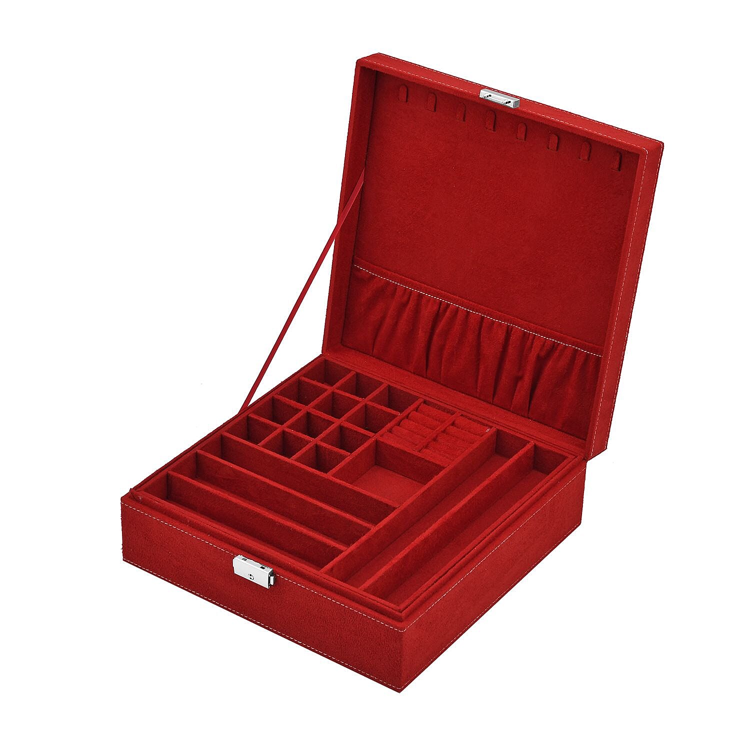 Red 2 Tier Faux Velvet Multiple Compartment Jewelry Box with Lock and Key